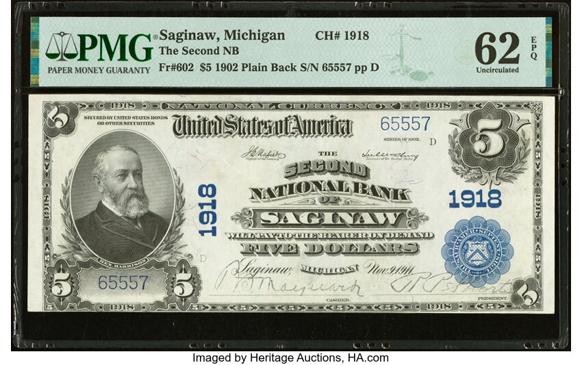 image for: Saginaw, MI - $5 1902 Plain Back Fr. 602 The Second National Bank Ch. # 1918 PMG Uncirculated 62 EPQ....
