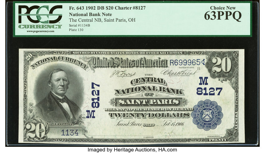 image for: Saint Paris, OH - $20 1902 Date Back Fr. 643 The Central National Bank Ch. # (M)8127 PCGS Choice New 63PPQ....