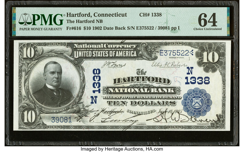 image for: Hartford, CT - $10 1902 Date Back Fr. 616 The Hartford National Bank Ch. # (N)1338 PMG Choice Uncirculated 64....