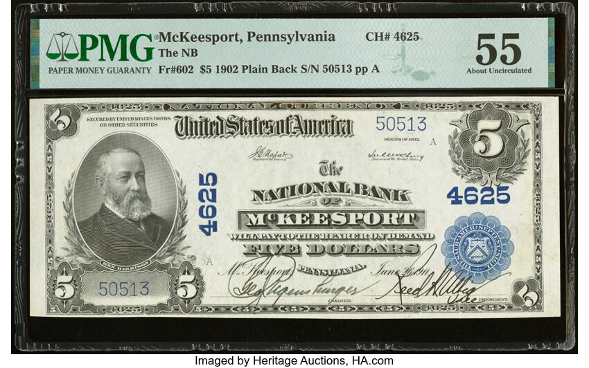 image for: McKeesport, PA - $5 1902 Plain Back Fr. 602 The National Bank of McKeesport Ch. # 4625 PMG About Uncirculated 55....