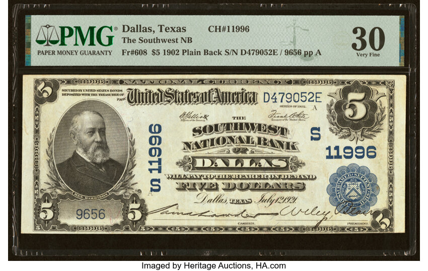 image for: Dallas, TX - $5 1902 Plain Back Fr. 608 The Southwest National Bank Ch. # (S)11996 PMG Very Fine 30....