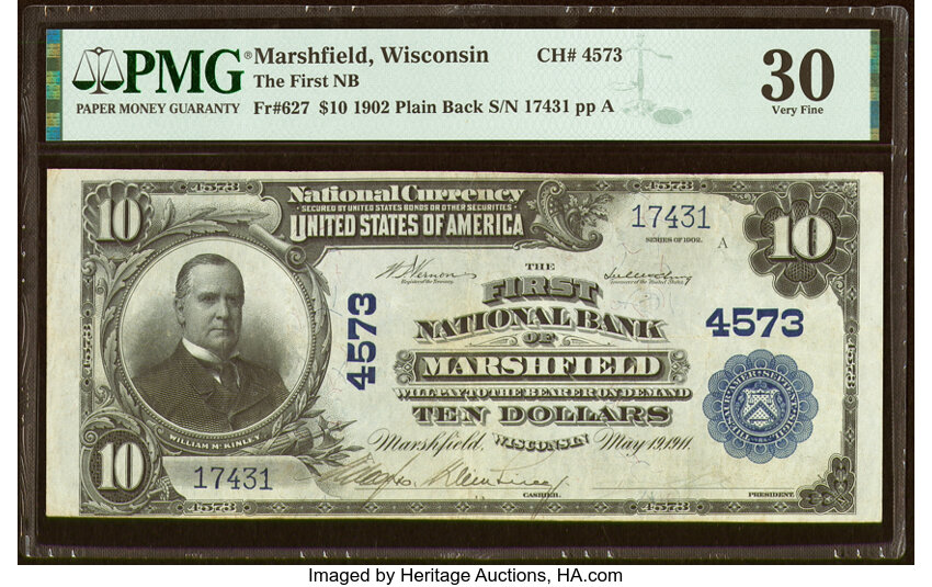 image for: Marshfield, WI - $10 1902 Plain Back Fr. 627 The First National Bank Ch. # 4573 PMG Very Fine 30....
