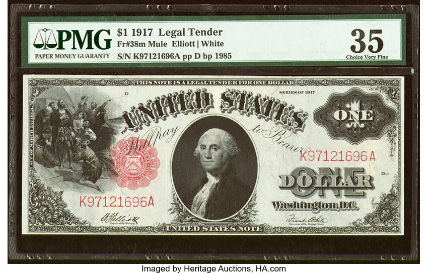 image for: Fr. 38 $1 1917 Mule Legal Tender PMG Choice Very Fine 35....