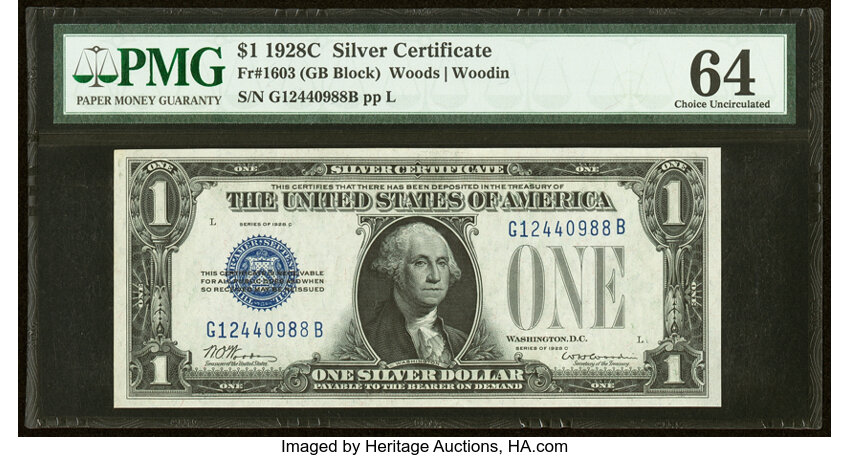 image for: Fr. 1603 $1 1928C Silver Certificate. PMG Choice Uncirculated 64....