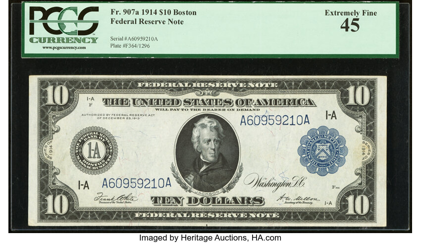 image for: Fr. 907a $10 1914 Federal Reserve Note PCGS Extremely Fine 45....