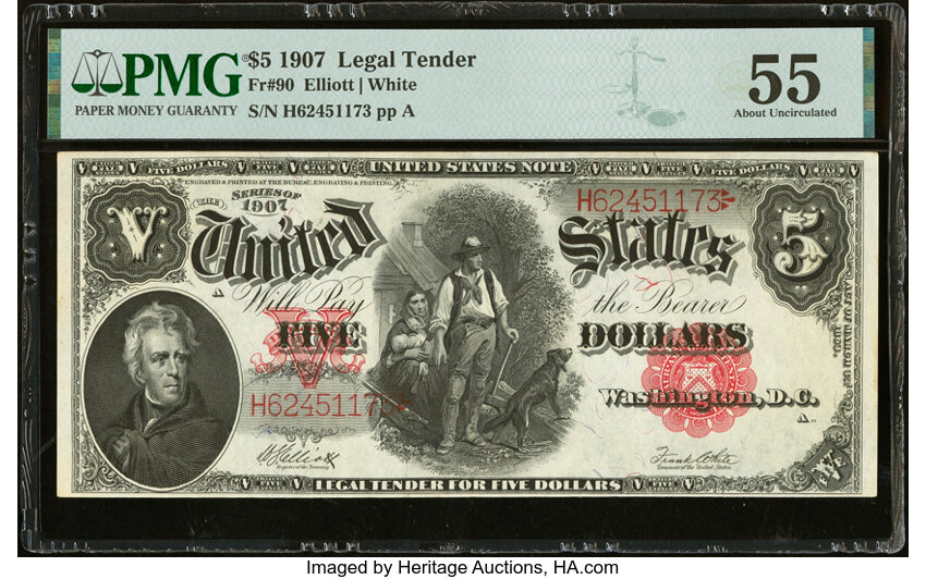 image for: Fr. 90 $5 1907 Legal Tender PMG About Uncirculated 55....