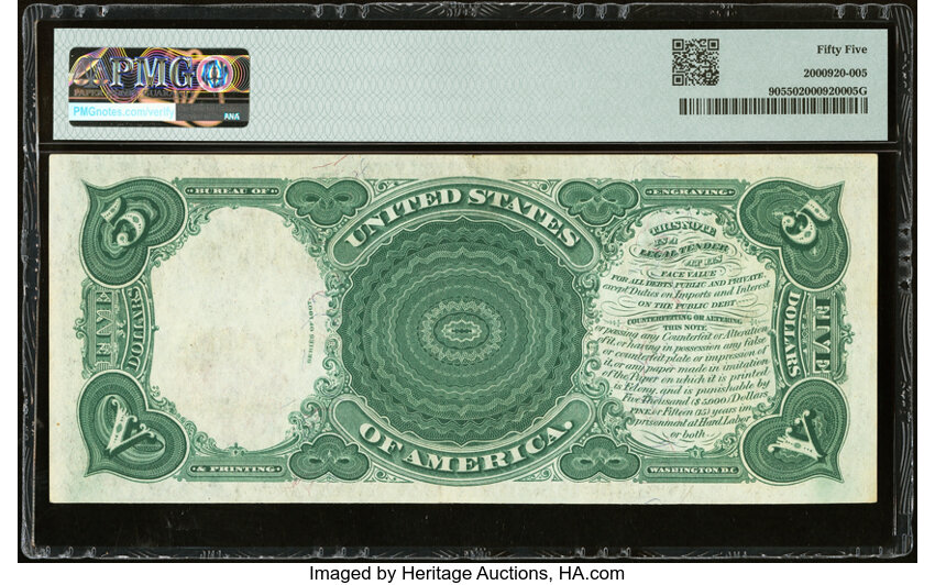 image for: Fr. 90 $5 1907 Legal Tender PMG About Uncirculated 55....