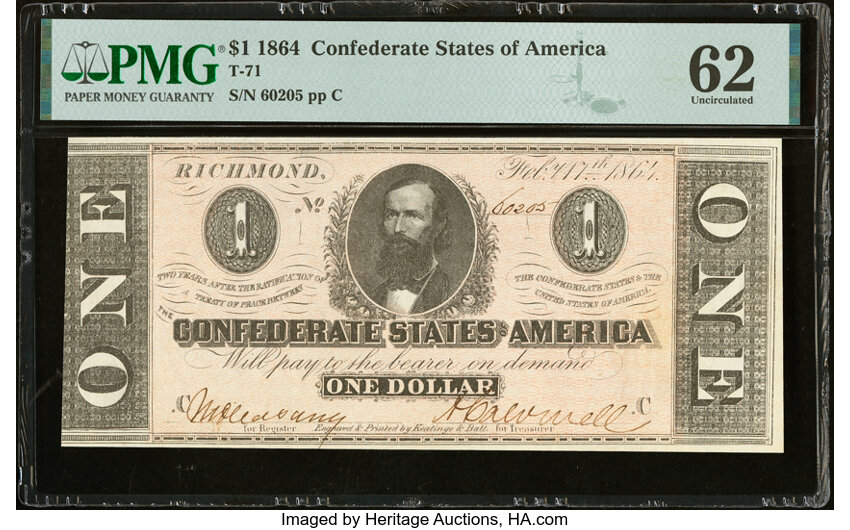 image for: T71 $1 1864 PF-12 Cr. 574 PMG Uncirculated 62....