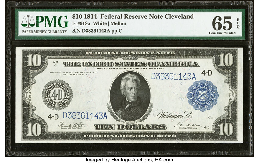 image for: Fr. 919a $10 1914 Federal Reserve Note PMG Gem Uncirculated 65 EPQ....