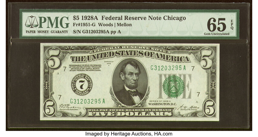 image for: Fr. 1951-G $5 1928A Federal Reserve Note. PMG Gem Uncirculated 65 EPQ....