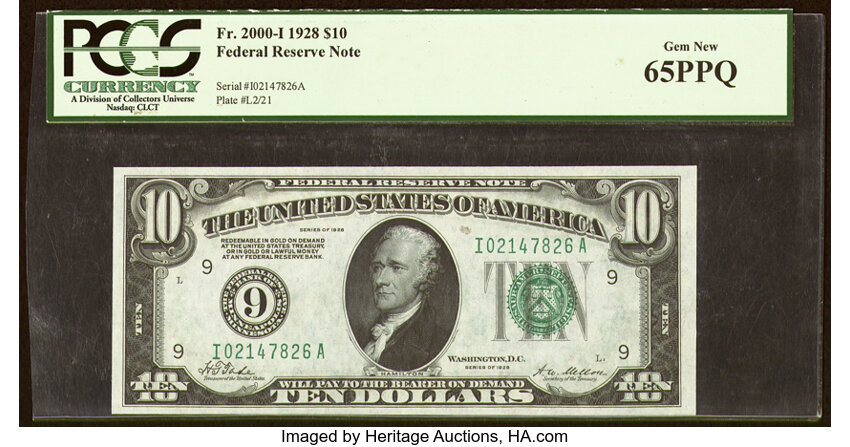 image for: Fr. 2000-I $10 1928 Federal Reserve Note. PCGS Gem New 65PPQ....