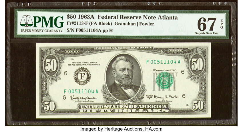 image for: Fr. 2113-F $50 1963A Federal Reserve Note. PMG Superb Gem Unc 67 EPQ....