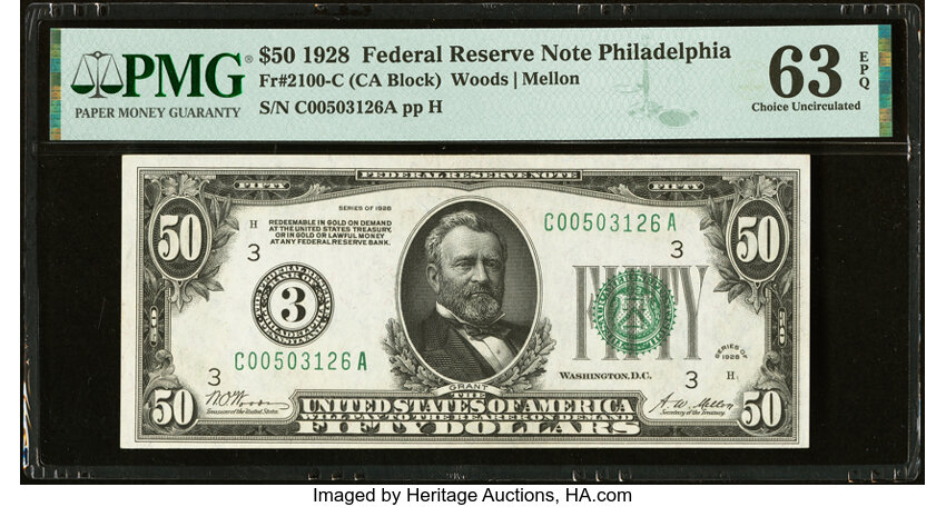 image for: Fr. 2100-C $50 1928 Federal Reserve Note. PMG Choice Uncirculated 63 EPQ....
