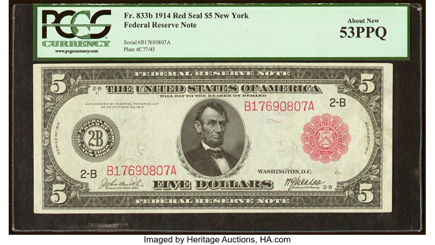 image for: Fr. 833b $5 1914 Red Seal Federal Reserve Note PCGS About New 53PPQ....