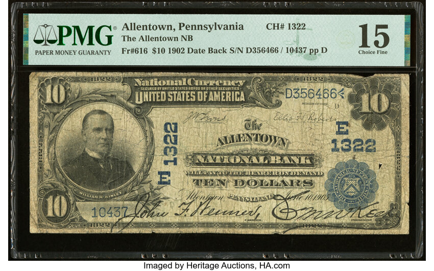 image for: Allentown, PA - $10 1902 Date Back Fr. 616 The Allentown National Bank Ch. # (E)1322 PMG Choice Fine 15....
