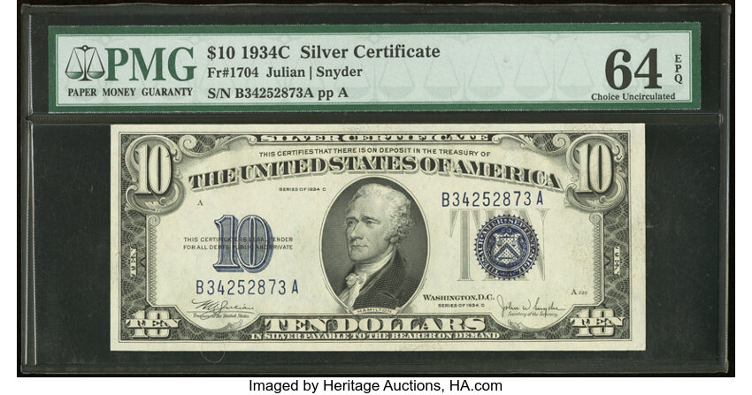 image for: Fr. 1704 $10 1934C Silver Certificate. PMG Choice Uncirculated 64 EPQ....