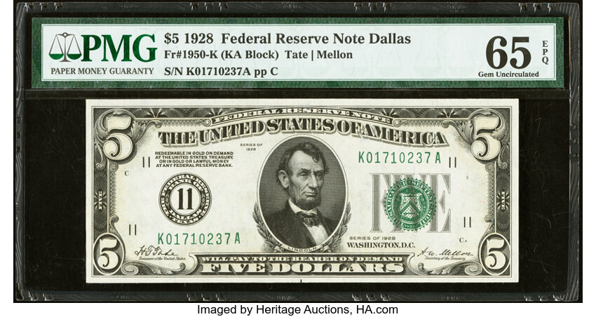 image for: Fr. 1950-K $5 1928 Federal Reserve Note. PMG Gem Uncirculated 65 EPQ....