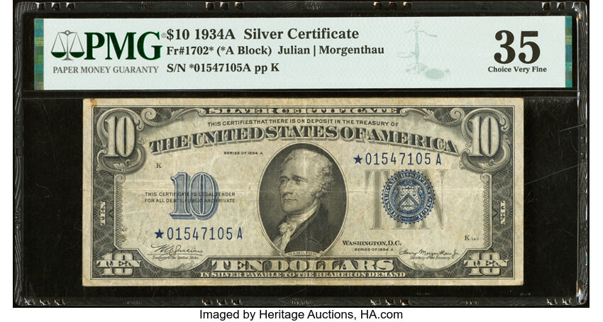 image for: Fr. 1702* $10 1934A Silver Certificate Star Note. PMG Choice Very Fine 35....