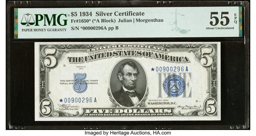image for: Fr. 1650* $5 1934 Silver Certificate Star Note. PMG About Uncirculated 55 EPQ....