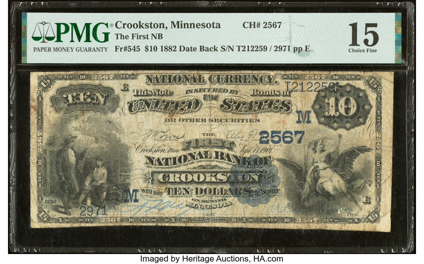 image for: Crookston, MN - $10 1882 Date Back Fr. 545 The First National Bank Ch. # (M)2567 PMG Choice Fine 15....