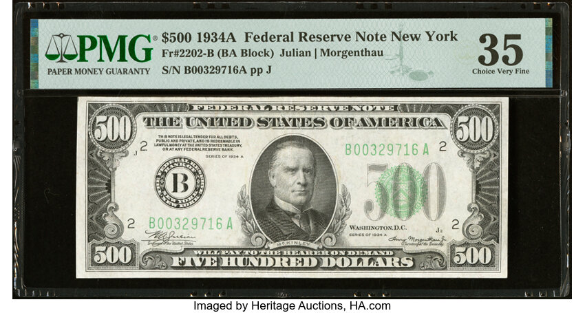 image for: Fr. 2202-B $500 1934A Federal Reserve Note. PMG Choice Very Fine 35....