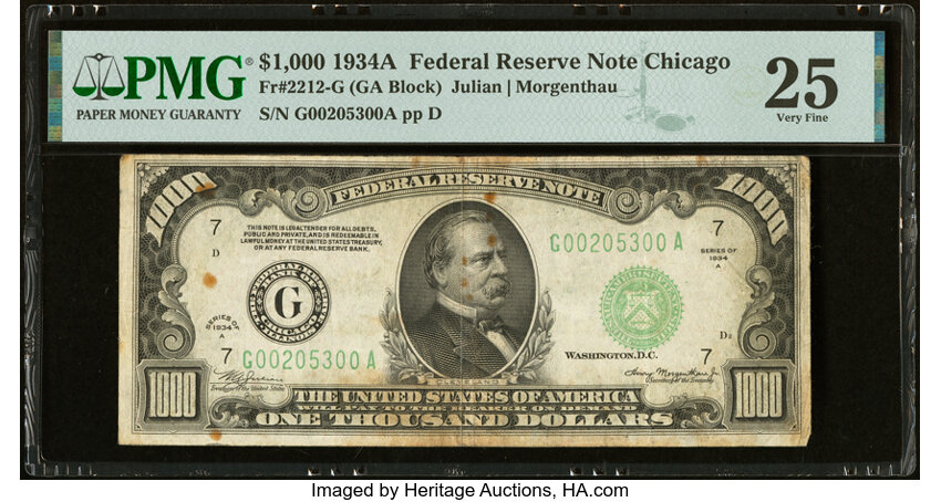 image for: Fr. 2212-G $1,000 1934A Federal Reserve Note. PMG Very Fine 25....