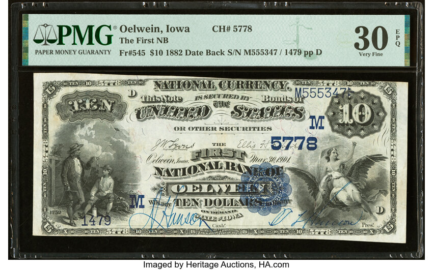 image for: Oelwein, IA - $10 1882 Date Back Fr. 545 The First National Bank Ch. # (M)5778 PMG Very Fine 30 EPQ....