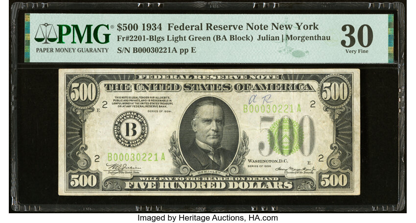 image for: Fr. 2201-B $500 1934 Light Green Seal Federal Reserve Note. PMG Very Fine 30....