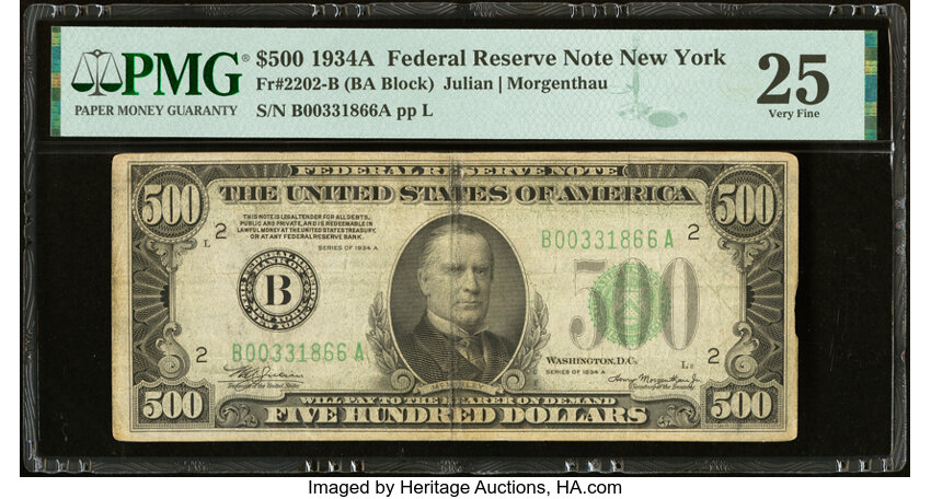 image for: Fr. 2202-B $500 1934A Federal Reserve Note. PMG Very Fine 25....