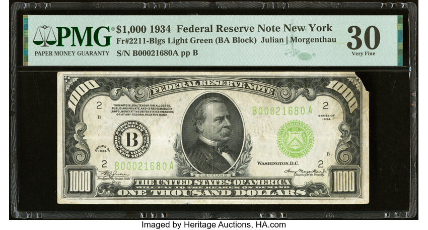 image for: Fr. 2211-B $1,000 1934 Light Green Seal Federal Reserve Note. PMG Very Fine 30....