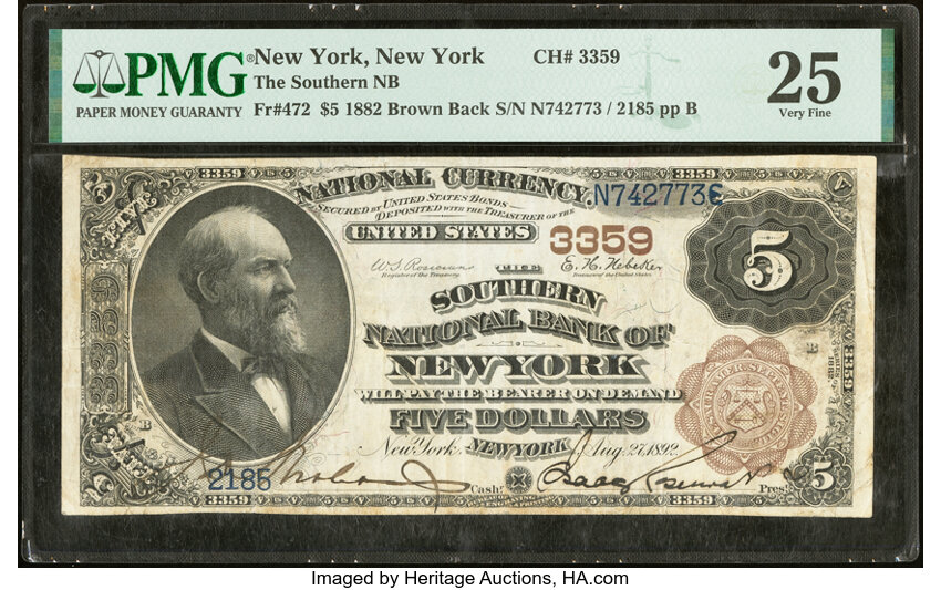 image for: New York, NY - $5 1882 Brown Back Fr. 472 The Southern National Bank Ch. # 3359 PMG Very Fine 25....