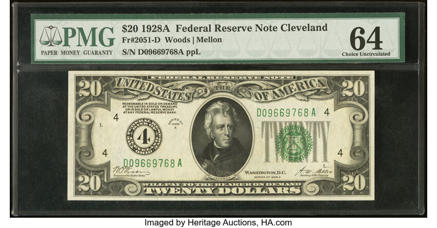 image for: Fr. 2051-D $20 1928A Federal Reserve Note. PMG Choice Uncirculated 64....