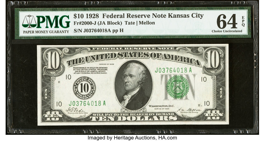 image for: Fr. 2000-J $10 1928 Federal Reserve Note. PMG Choice Uncirculated 64 EPQ....