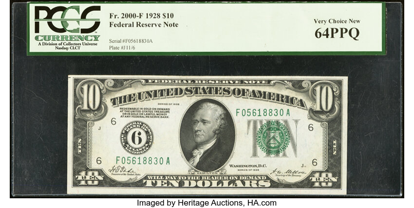 image for: Fr. 2000-F $10 1928 Federal Reserve Note. PCGS Very Choice New 64PPQ....