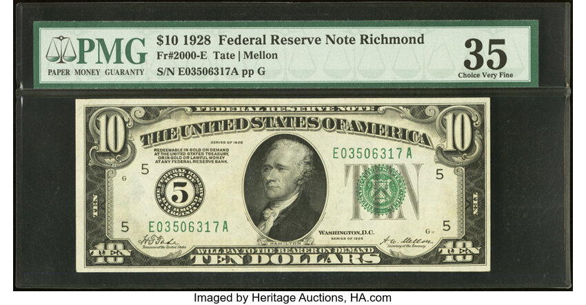 image for: Fr. 2000-E $10 1928 Federal Reserve Note. PMG Choice Very Fine 35....