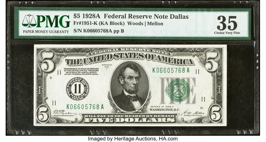 image for: Fr. 1951-K $5 1928A Federal Reserve Note. PMG Choice Very Fine 35....
