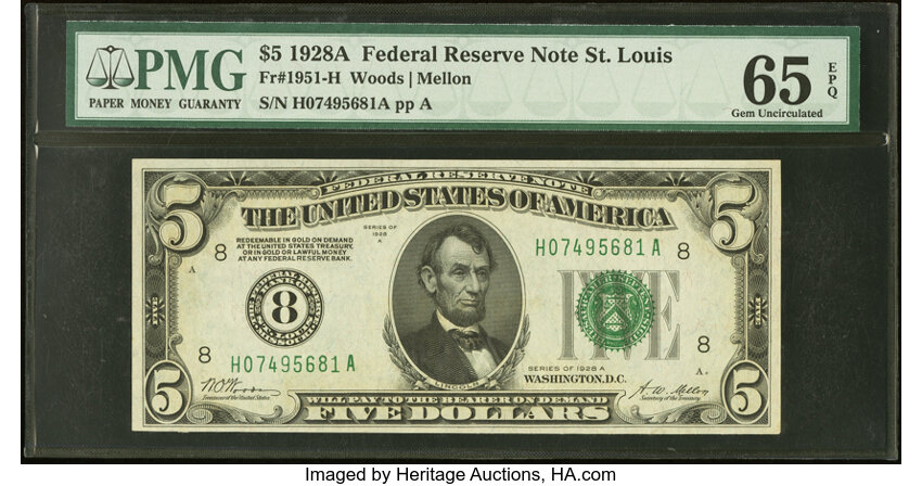 image for: Fr. 1951-H $5 1928A Federal Reserve Note. PMG Gem Uncirculated 65 EPQ....