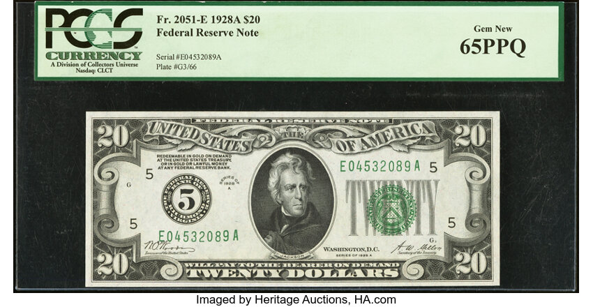 image for: Fr. 2051-E $20 1928A Federal Reserve Note. PCGS Gem New 65PPQ....