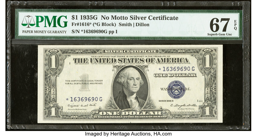 image for: Fr. 1616* $1 1935G No Motto Silver Certificate Star Note. PMG Superb Gem Unc 67 EPQ....