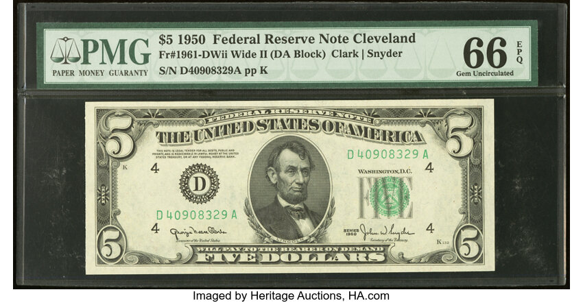 image for: Fr. 1961-D $5 1950 Wide II Federal Reserve Note. PMG Gem Uncirculated 66 EPQ....