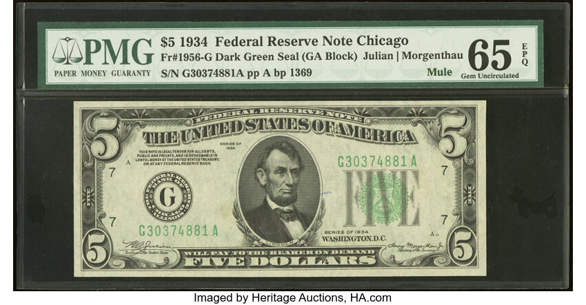 image for: Fr. 1956-G $5 1934 Mule Federal Reserve Note. PMG Gem Uncirculated 65 EPQ....