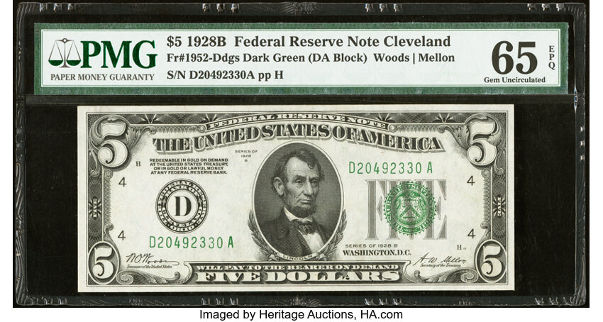 image for: Fr. 1952-D $5 1928B Federal Reserve Note. PMG Gem Uncirculated 65 EPQ....