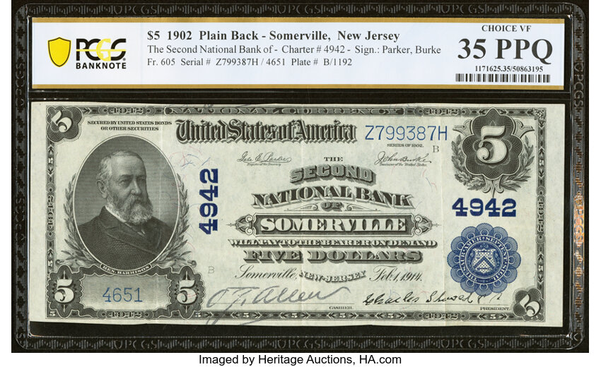 image for: Somerville, NJ - $5 1902 Plain Back Fr. 605 The Second National Bank Ch. # 4942 PCGS Banknote Choice VF 35 PPQ....