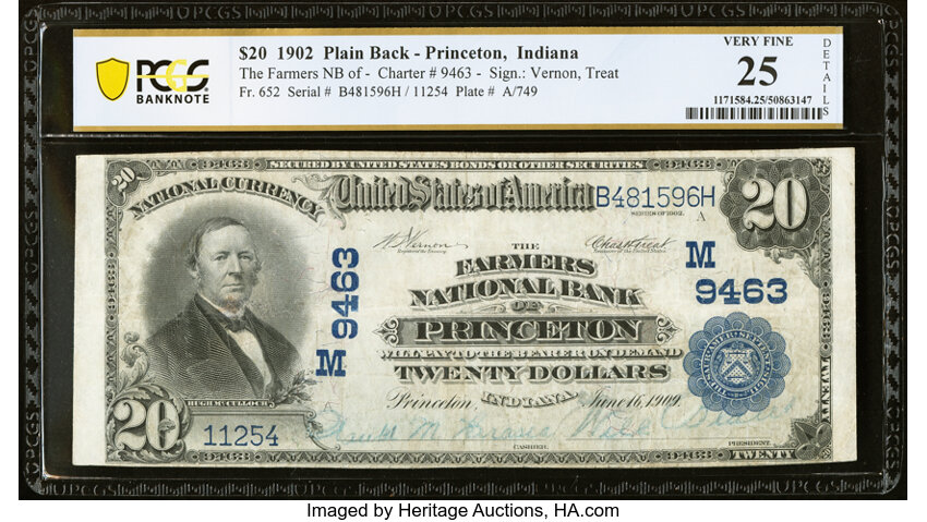 image for: Princeton, IN - $20 1902 Plain Back Fr. 652 The Farmers National Bank Ch. # (M)9463 PCGS Banknote Very Fine 25 Details....