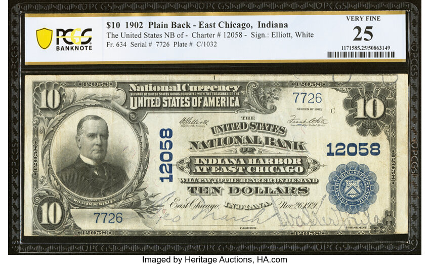 image for: East Chicago, IN - $10 1902 Plain Back Fr. 634 The United States National Bank of Indiana Harbor Ch. # 12058 PCGS Banknote Ver...