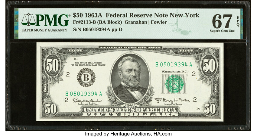 image for: Fr. 2113-B $50 1963A Federal Reserve Note. PMG Superb Gem Unc 67 EPQ....
