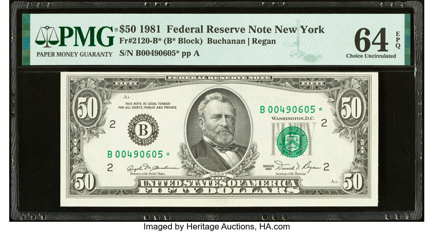 image for: Fr. 2120-B* $50 1981 Federal Reserve Star Note. PMG Choice Uncirculated 64 EPQ....