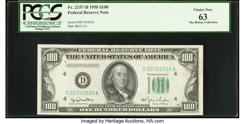 image for: Fr. 2157-D $100 1950 Federal Reserve Note. PCGS Choice New 63....