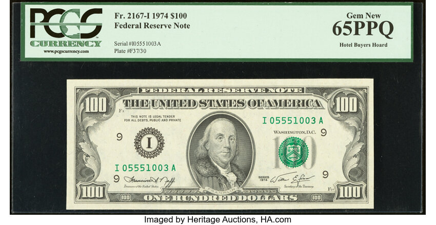 image for: Fr. 2167-I $100 1974 Federal Reserve Note. PCGS Gem New 65PPQ....