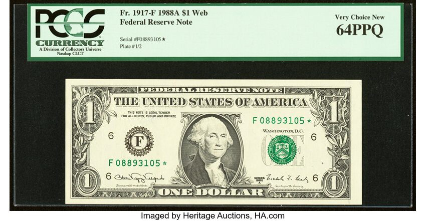 image for: Fr. 1917-F* $1 1988A Web Press Experimental Federal Reserve Star Note. PCGS Very Choice New 64PPQ....